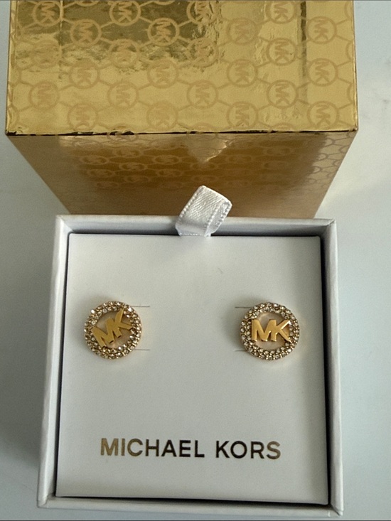 Michael Kors Gold MK Logo Crystal Halo Stud Earrings